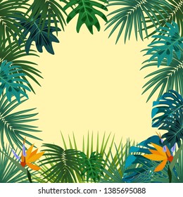 Vector tropical jungle frame with palm trees and leaves on yellow background for wedding,quotes, Birthday and invitation cards,greeting cards, print, blogs, bridal cards.