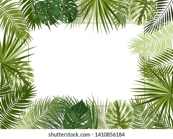Vector tropical jungle frame with palm trees, flowers and leaves on white background for wedding,quotes, Birthday and invitation cards,greeting cards, print, blogs, bridal cards.