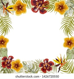 Vector tropical jungle frame with palm tree leaves and flowers on white background for wedding,quotes, Birthday and invitation cards,greeting cards, print, blogs, bridal cards.