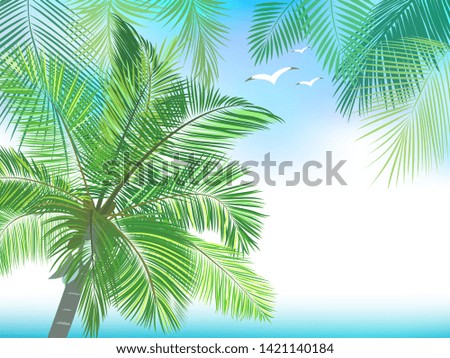 Vector tropical jungle frame with palm trees, blue sky, birds and ocean