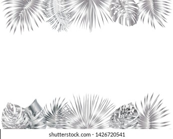 Vector tropical jungle frame with silver palm trees and leaves on white background for wedding,quotes, Birthday and invitation cards,greeting cards, print, blogs, bridal cards.