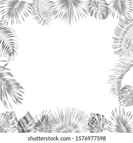 Vector tropical jungle frame with silver palm trees and leaves on white background for wedding, quotes, Birthday and invitation, greeting cards, print, blogs