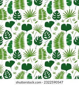 Vector tropical and jungle leaves seamless pattern. Flat different leaves pattern. Monstera, banana palm leaf, fan palm leaf and ginkgo biloba 