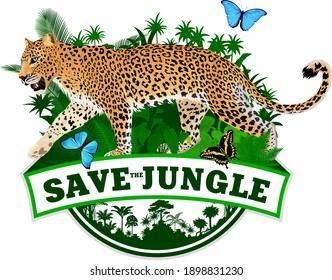 emblema de la selva tropical vectorial con morfo jaguar y azul mariposa