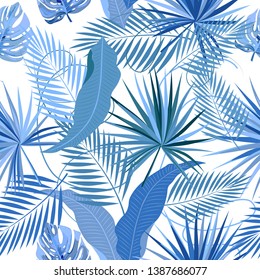 Vector tropical jungle seamless pattern with blue palm trees and leaves on white background for wedding,quotes, Birthday and invitation and greeting cards.