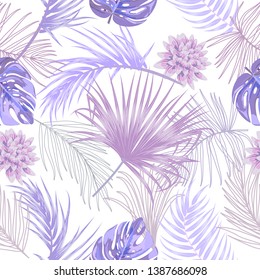 Vector tropical jungle seamless pattern with violet palm trees and leaves on white background for wedding,quotes, Birthday and invitation and greeting cards.
