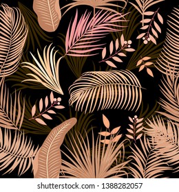 Vector tropical jungle seamless pattern with palm trees and leaves on dark background for wedding,quotes, Birthday and invitation and greeting cards.