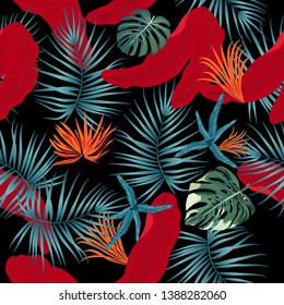 Vector tropical jungle seamless pattern with red palm trees and leaves on dark background for wedding,quotes, Birthday and invitation and greeting cards.