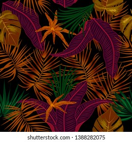 Vector tropical jungle seamless pattern with palm trees and leaves on dark background for wedding,quotes, Birthday and invitation and greeting cards.