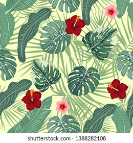 Vector tropical jungle seamless pattern with green palm trees and flowers on yellow background for wedding,quotes, Birthday and invitation and greeting cards.