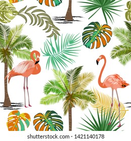Vector tropical jungle seamless pattern with flamingo, palm trees, leaves monstera on white background