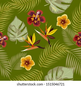 Vector tropical jungle seamless pattern with flowers, palm trees, leaves monstera on green background