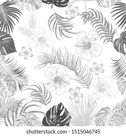 Vector tropical jungle seamless pattern with flowers, palm trees, black and white leaves monstera on white background