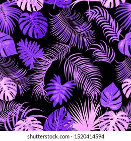 Vector tropical jungle seamless pattern with flowers, palm trees, leaves monstera on black background