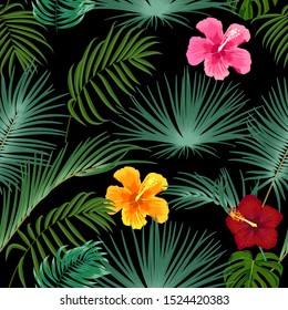 Vector tropical jungle seamless pattern with palm trees leaves and flowers, background for wedding,quotes, Birthday and invitation cards,greeting cards, print, blogs, bridal cards.
