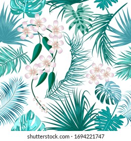 Vector tropical jungle seamless pattern with palm trees leaves and flowers, background for wedding, Birthday and invitation cards 