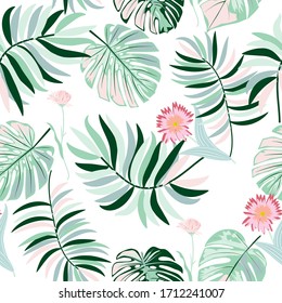 Vector tropical jungle seamless pattern with palm trees leaves and flowers, white background