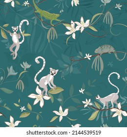 Vector tropical jungle seamless pattern Lemurs, chameleons, lizard, palm leaves, vanilla flowers, rgeen trendy fashion background