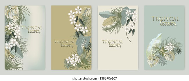 Vector tropical jungle set cover with palm trees and leaves in olive green colors on white background for wedding,quotes, Birthday and invitation and greeting cards.