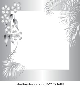 Vector tropical jungle silver frame with palm trees and leaves. Silver background for wedding,quotes, Birthday and invitation cards,greeting cards, print, blogs, bridal cards.