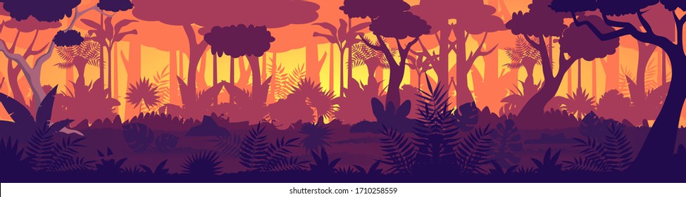 Vector Tropical jungle sunset silhouette panorama background. Golden Sun rays in wild forest, lush vegetation become dark. Trees, lianas, grasses change colors from light to night shadows game design