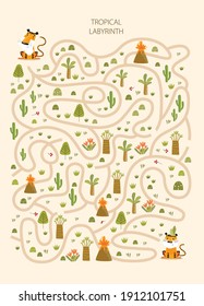 Vector tropical labyrinth with tigers. A game for children.