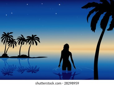 vector tropical landscape with girl