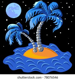 vector tropical landscape of the island in the ocean and two palm trees at noon