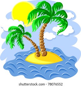 vector tropical landscape of the island in the ocean and two palm trees at noon