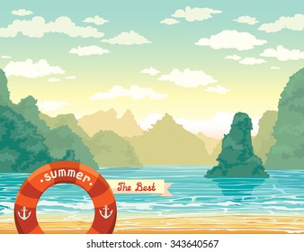 Vector tropical landscape with limestone rocks and sea bay on a cloudy sky. Nature travel illustration.