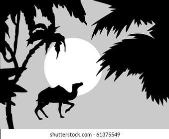 vector  tropical landscape with palm on foregrounds