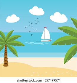 Vector tropical landscape. Sea shore beach with palm trees. Sailing boat. Holiday, vacation, resort, tourism, travel.