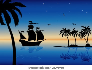 vector tropical landscape with ship