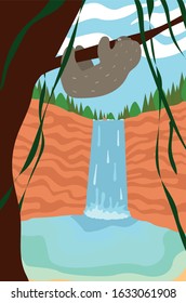 vector tropical landscape with waterfall, sloth, forest, pond