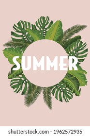 Vektortropischer Blattbanner auf pastellfarbenem Hintergrund. Trendfarben Modernes Design für Kosmetik, Spa, Parfüm, Pflegeprodukte, Mode, Aromatherapie, Reisebüro, Sommerparty