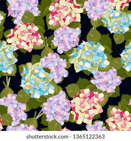 Vector tropical leave wallpaper. Modern abstract floral hydrangea illustration on dark backdrop. Flower seamless pattern.