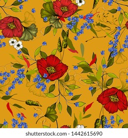 Vector tropical leave wallpaper. Modern abstract floral illustration on yellow backdrop. Flower seamless pattern.