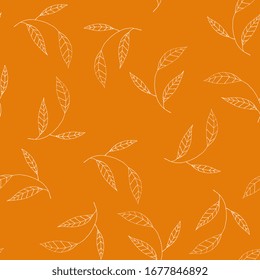 Papel tapiz de hojas tropicales vectoriales. Moderna ilustración floral o botánica abstracta del jardín en el fondo naranja. Paisaje blanco de verano, estilo artesanal para el tejido y la decoración casera