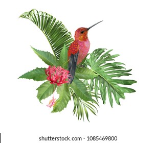 Vector tropical leaves arrangement with hummingbird on white background. Exotic botanical design for cosmetics, spa, perfume, health care products, aroma, wedding invitation, T-shirt print