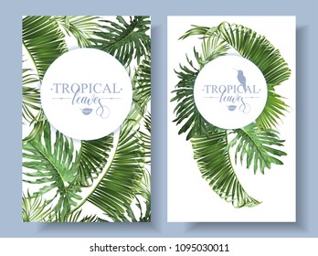 Vector tropical leaves banners on white background. Exotic botanical design for cosmetics, spa, perfume, health care products, aroma, wedding invitation. With place for text