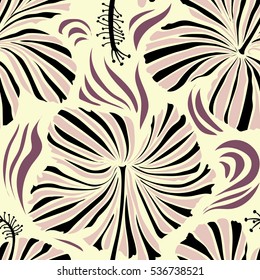 Vector tropical leaves and beige and neutral flowers. Hand painted illustration in beige and neutral colors.