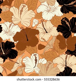 Vector tropical leaves and beige, yellow and brown flowers seamless pattern. Hand painted illustration in beige, yellow and brown colors.