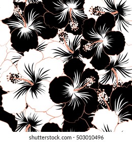 Vector tropical leaves and black and white flowers seamless pattern. Hand painted illustration in black and white colors.