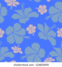 Vector tropical leaves and blue and neutral flowers seamless pattern. Hand painted illustration in blue and neutral colors.