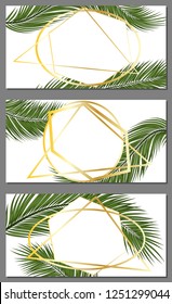 Vector tropical leaves cards set on white background with golden frames. Exotic botanical design.