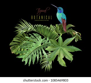 Vector tropical leaves composition with hummingbird on black background. Exotic botanical design for cosmetics, spa, perfume, health care products, aroma, wedding invitation. With place for text