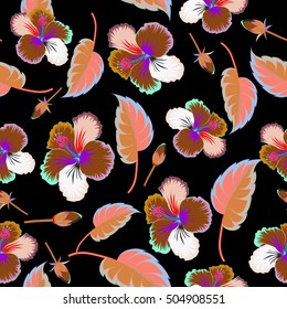 Vector tropical leaves and flowers. Hand painted hibiscus illustration on black background.