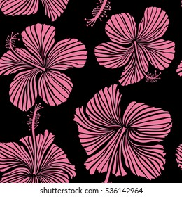 Vector tropical leaves and flowers. Hand painted illustration in pink colors on a black background.