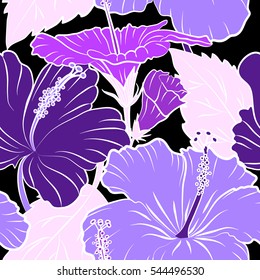 Vector tropical leaves and flowers. Hand painted illustration in violet colors on a black background.