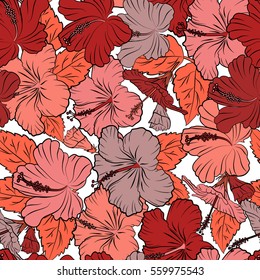 Vector tropical leaves and flowers. Hand painted illustration in orange, red and pink colors on a white background.